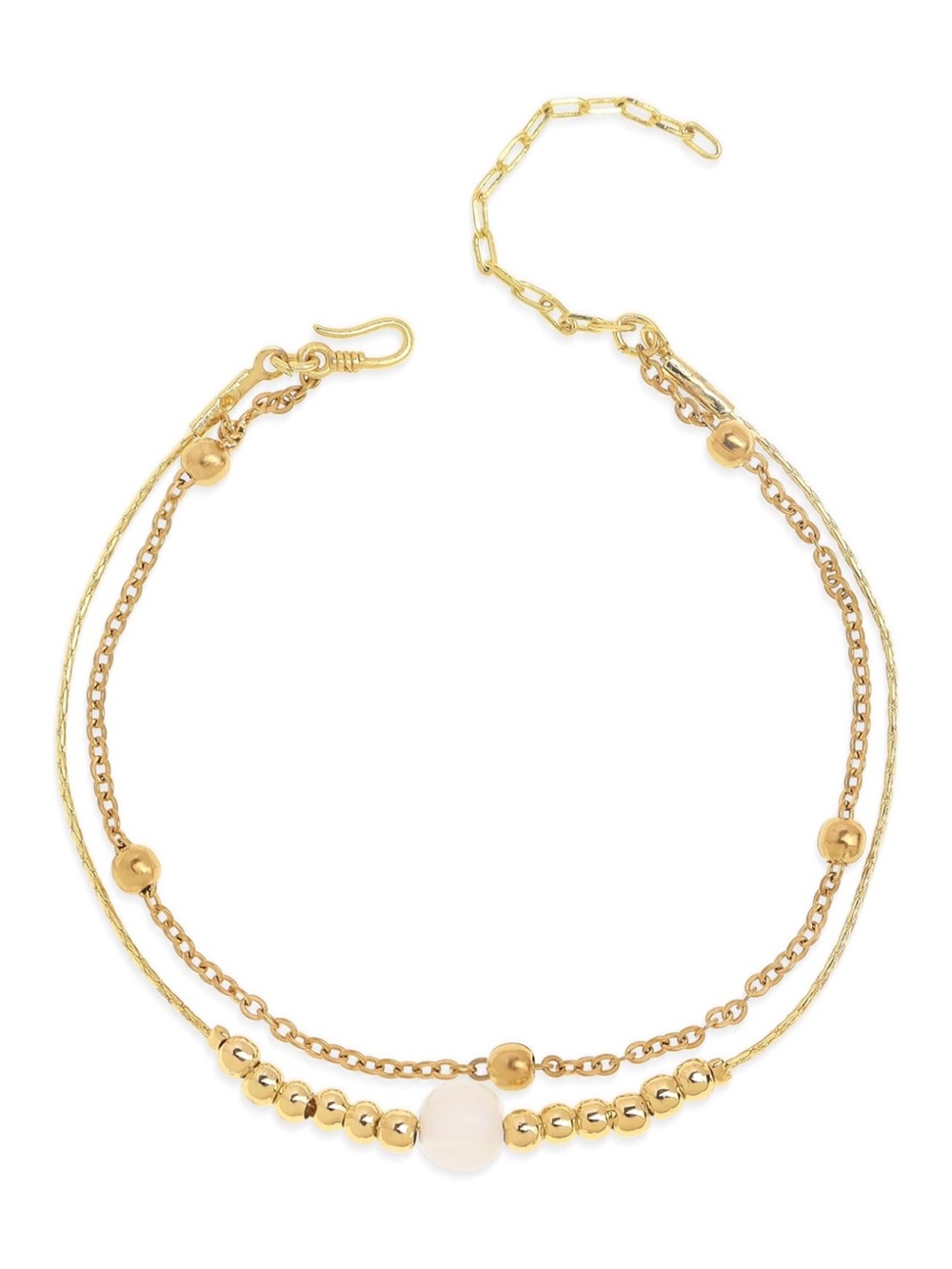 Gold Beaded Layered Anklet with White Stone Accent